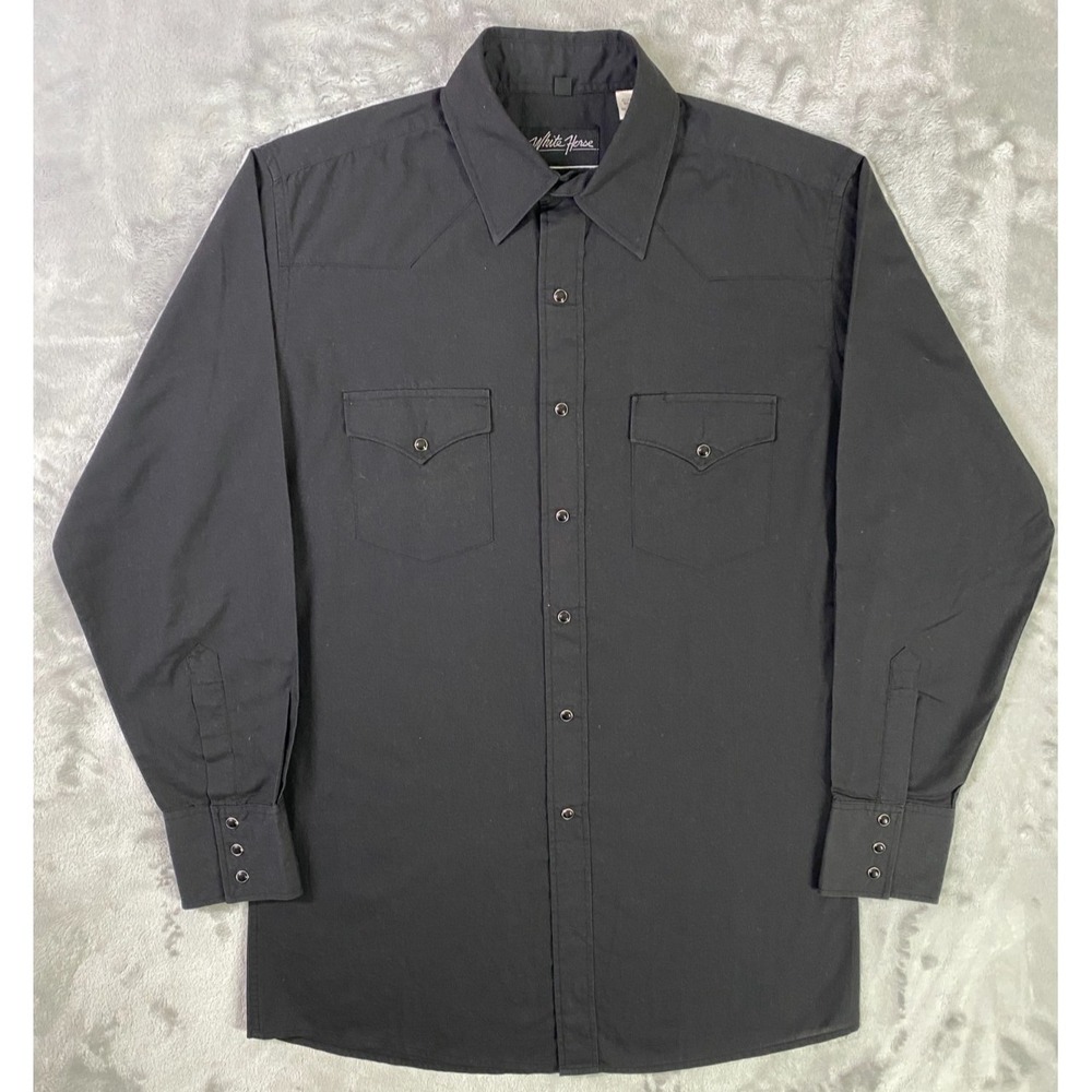 White Horse Western Snap Shirt‎ Men M Black Vintage 80s Pearl Snap Cowboy Ranch